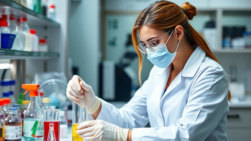Female forensic scientist in white lab coat examining test tubes and chemical solutions, professional laboratory setting, precise careful work, scientific equipment visible
