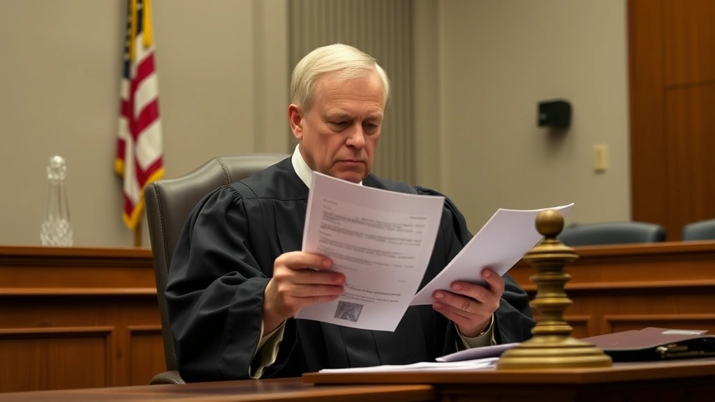 Judge in black robes at bench reviewing expert testimony documents, courtroom setting, thoughtful expression, formal legal environment, gavel visible