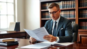 Professional attorney in business suit reviewing legal documents at mahogany desk with law books in background, concentrated expression, natural office lighting