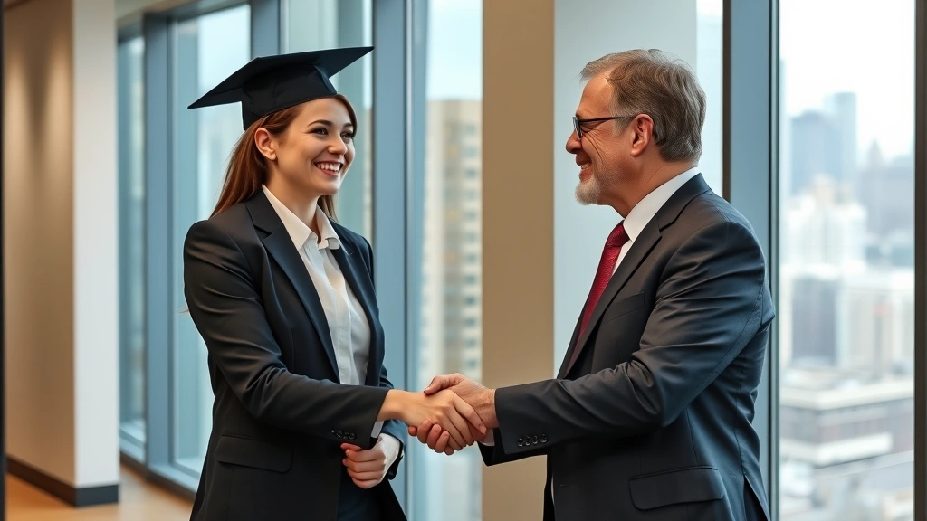 Recent law graduate in professional attire shaking hands with senior attorney mentor in law office, both smiling, modern office environment with city skyline visible through windows