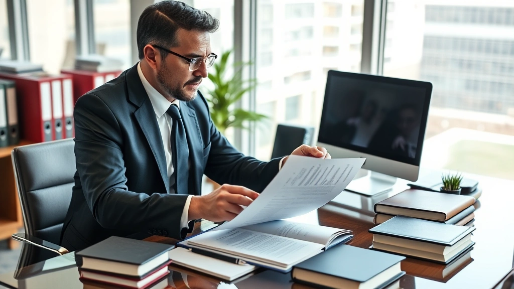 Professional lawyer in business suit reviewing employment contract documents at modern office desk with legal books and computer visible, serious focused expression, natural lighting from office window