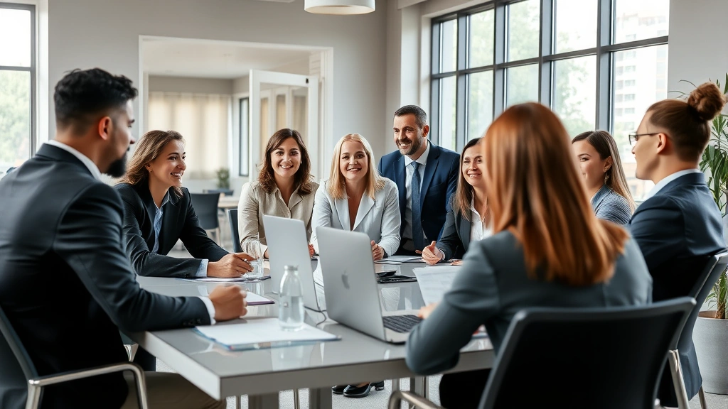 Diverse group of employees in business casual attire in modern workplace conference room during team meeting, collaborative atmosphere, natural professional setting with windows and contemporary furniture