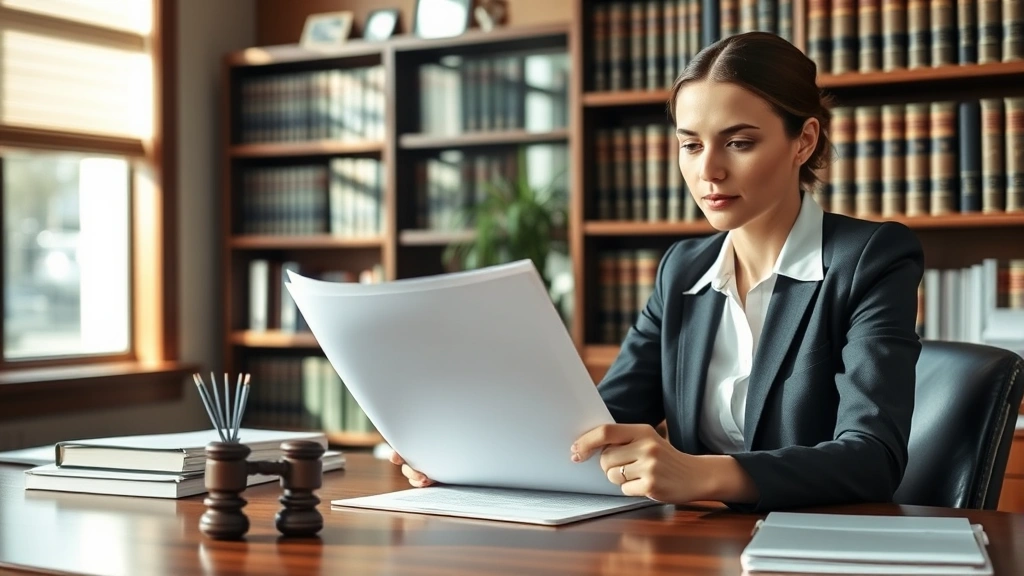 Confident professional woman reviewing legal documents and taking notes at wooden desk in law office, surrounded by law books and professional materials, morning natural light, focused expression