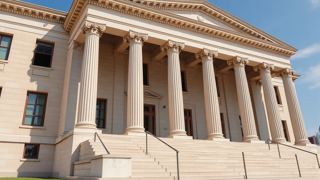 Professional Georgia courthouse exterior with classical columns and steps, daytime, clear sky, formal legal architecture, no signage text visible, authoritative government building
