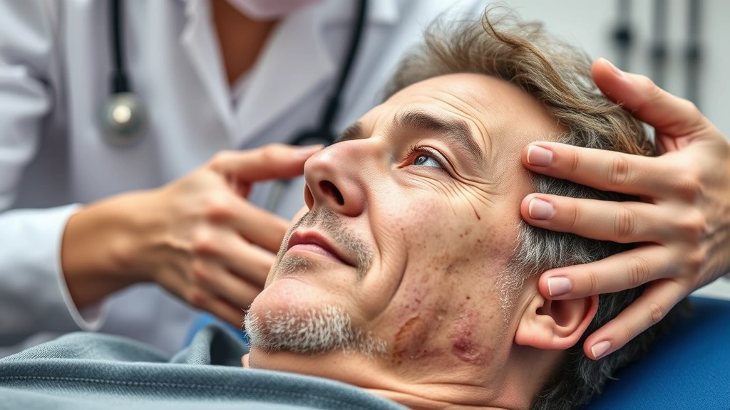 Close-up of serious injury victim receiving rehabilitation therapy with medical professional, showing determination and recovery process, clinical setting, compassionate healthcare interaction, no identifying features