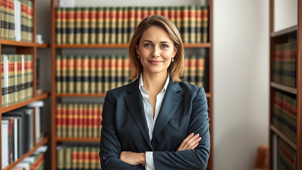 Professional woman attorney in business suit standing in modern law library with law books and legal research materials on shelves behind her, confident posture, natural lighting, San Francisco Bay Area legal office setting