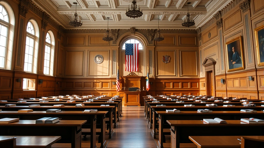 Interior of prestigious law school classroom with wooden desks, legal casebooks, and American flag, empty lecture hall ready for instruction, traditional legal education environment, natural window lighting