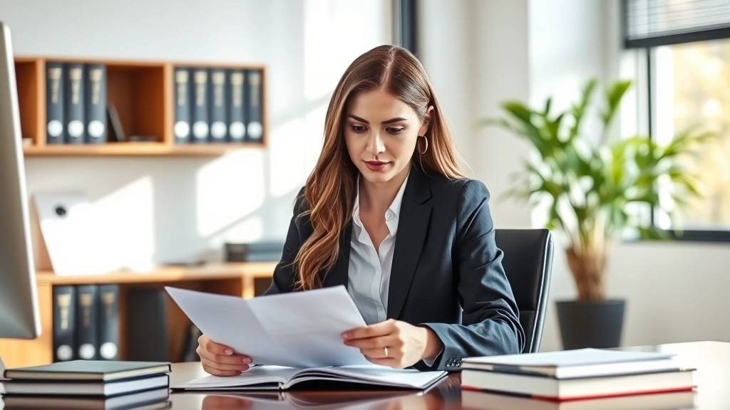Professional female attorney in business suit reviewing trademark documents at modern office desk with law books and computer, serious focused expression, natural lighting from window