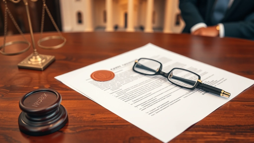 Overhead shot of legal contract documents with official seals, glasses, and pen on mahogany table with blurred courthouse building reflection in background, professional legal setting