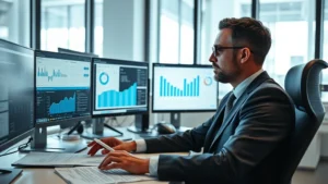 Professional lawyer in modern office reviewing data analytics on multiple computer monitors, surrounded by legal documents and charts showing proportional relationships, focused expression, natural lighting from large windows
