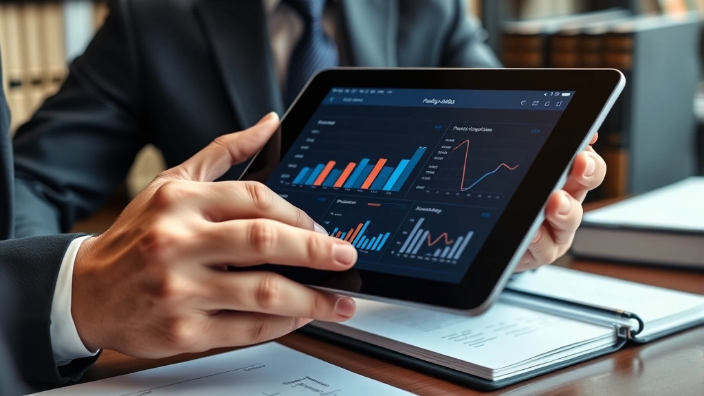 Close-up of lawyer's hands holding tablet displaying predictive analytics dashboard with charts and metrics, seated at desk with law books and case files visible in background