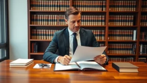 Professional male attorney in business suit reviewing legal documents at wooden desk in modern law office with bookshelves containing law books and legal references in background
