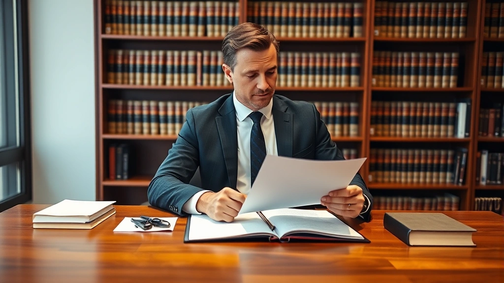 Professional male attorney in business suit reviewing legal documents at wooden desk in modern law office with bookshelves containing law books and legal references in background