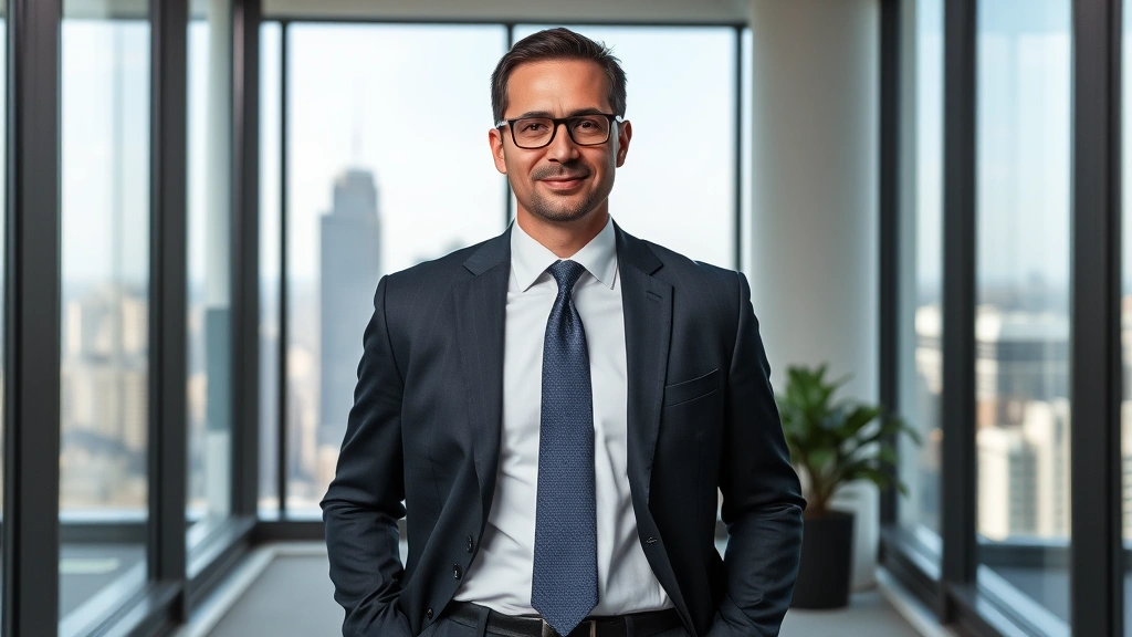 Confident lawyer in formal attire standing in contemporary office setting with city skyline visible through windows, professional and authoritative demeanor