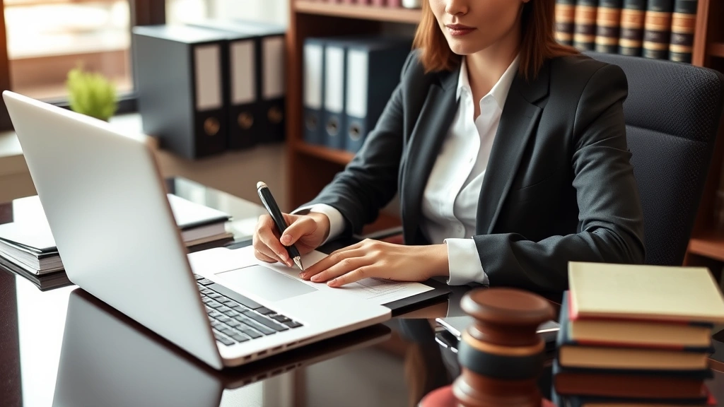 Attorney working at desk with laptop and case files, professional office environment with legal books, representing dedicated legal practice and client service