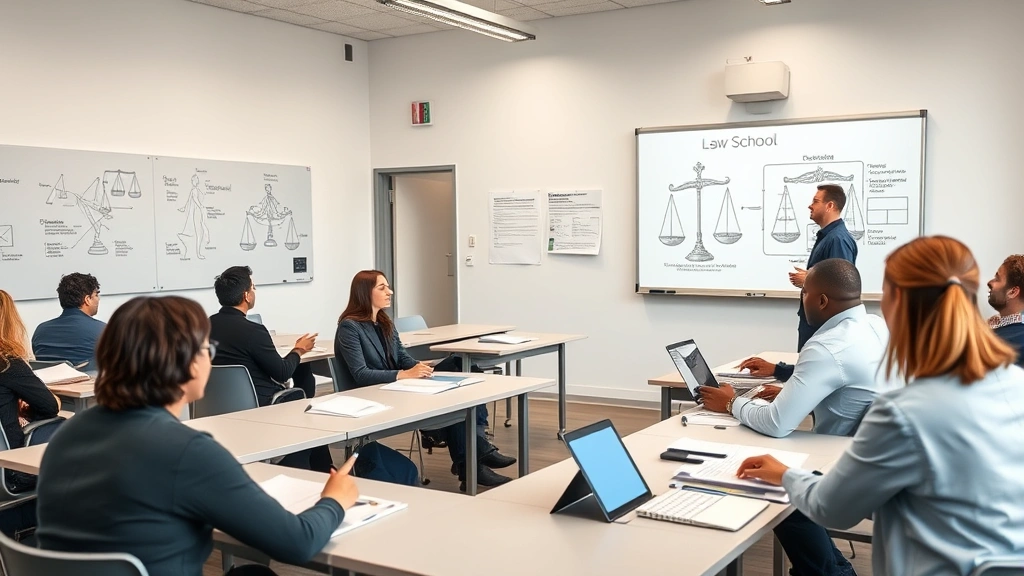 Contemporary law school classroom with diverse students taking notes at desks, professor teaching at front near whiteboard with legal diagrams, bright natural light, modern furnishings and technology