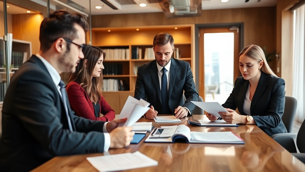 Professional legal professionals in business attire collaborating around conference table in modern law office, reviewing documents and discussing strategy, warm professional atmosphere with contemporary design