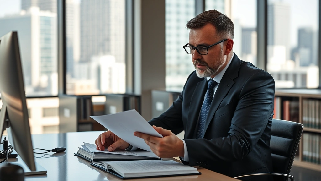 Professional male attorney in dark suit reviewing legal documents and research materials at modern library desk with computer and law books, serious focused expression, natural lighting, downtown Los Angeles background visible through windows