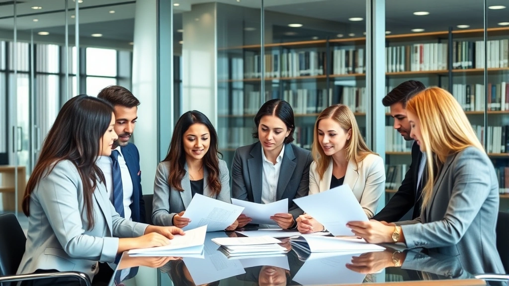 Diverse group of legal professionals in business casual attire in modern law library conference room with glass walls, reviewing documents together, collaborative atmosphere, professional but approachable setting