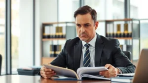 Professional male prosecutor in business suit reviewing case files at modern office desk, serious expression, natural lighting from windows, law books visible in background