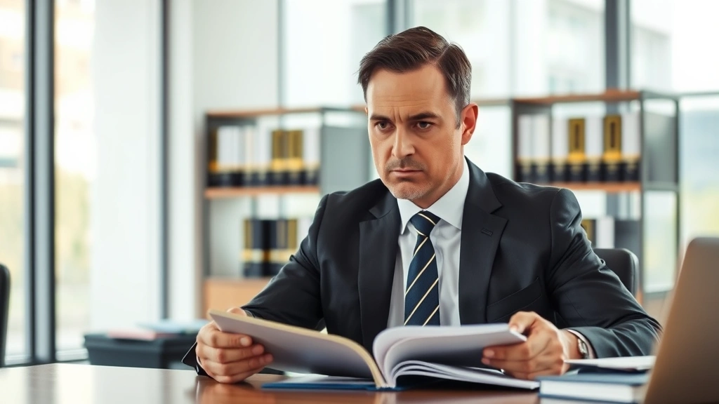 Professional male prosecutor in business suit reviewing case files at modern office desk, serious expression, natural lighting from windows, law books visible in background