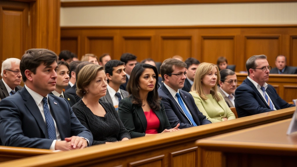 Diverse jury members seated in jury box during trial, attentive expressions, formal courtroom setting with judge's bench partially visible, professional and serious atmosphere