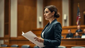 Professional female prosecutor in business suit presenting evidence in modern courthouse during trial, focused expression, holding documents, dramatic courtroom lighting, wooden judge's bench visible in soft focus background