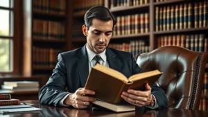Professional male lawyer in business suit reading a thick law book at wooden desk with leather chair, natural window light, law office library background with shelves of legal books, focused concentrated expression, photorealistic