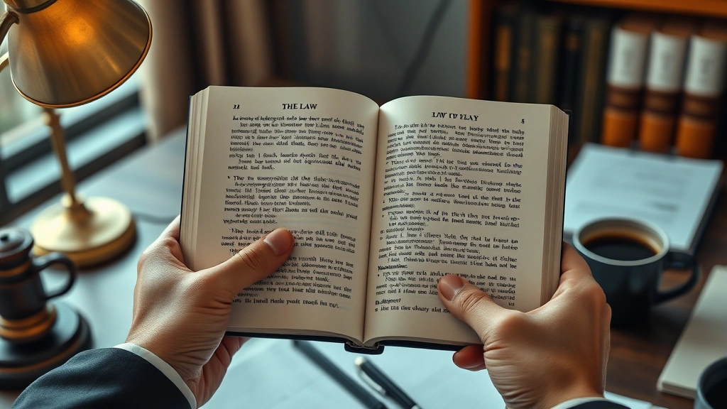 Close-up of hands holding open a law book showing dense text pages, warm desk lamp lighting, coffee cup and notepad nearby, professional legal workspace setting, photorealistic detailed shot