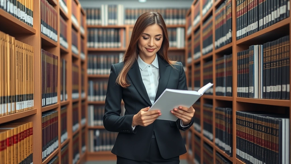Female attorney in professional attire standing in law library surrounded by legal reference books on shelves, reviewing notes, confident pose, organized law office library environment, natural lighting photorealistic