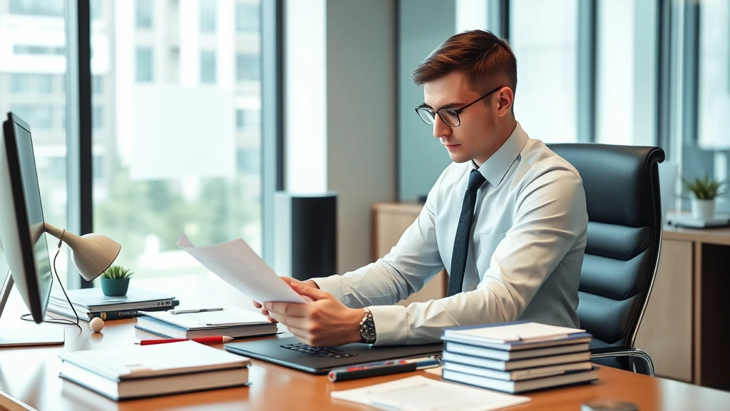 Professional young lawyer or law clerk working at organized desk in modern law office, reviewing legal documents, professional business attire, natural lighting, modern office environment