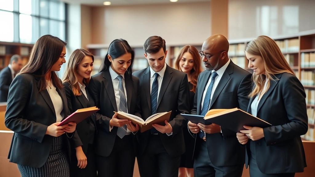 Diverse group of law professionals in business formal attire collaborating in modern courthouse or law library setting, discussing case files, professional and focused atmosphere