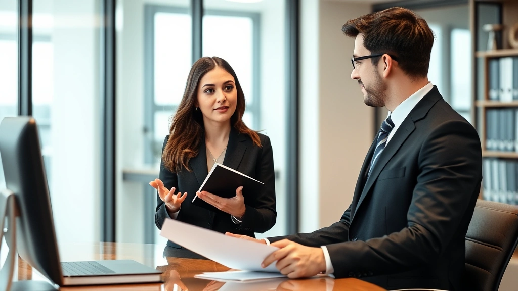 Law clerk or junior attorney presenting or discussing case strategy in professional legal setting, modern office background, professional business formal clothing, confident and competent demeanor