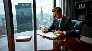 Professional male attorney in dark suit reviewing legal documents at polished mahogany desk in modern high-rise office with floor-to-ceiling windows overlooking Manhattan skyline