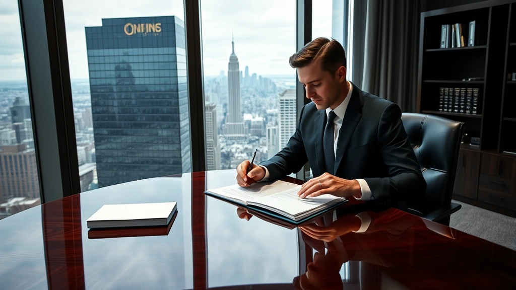 Professional male attorney in dark suit reviewing legal documents at polished mahogany desk in modern high-rise office with floor-to-ceiling windows overlooking Manhattan skyline