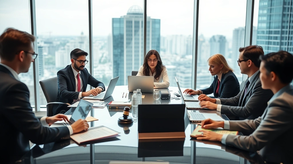 Diverse team of lawyers in business attire collaborating around conference table with laptops and legal materials in contemporary glass-walled boardroom with city views