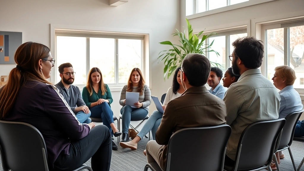 Diverse group of people in community meeting discussing rights awareness, sitting in circle formation, engaged conversation, natural daylight from windows, professional casual attire