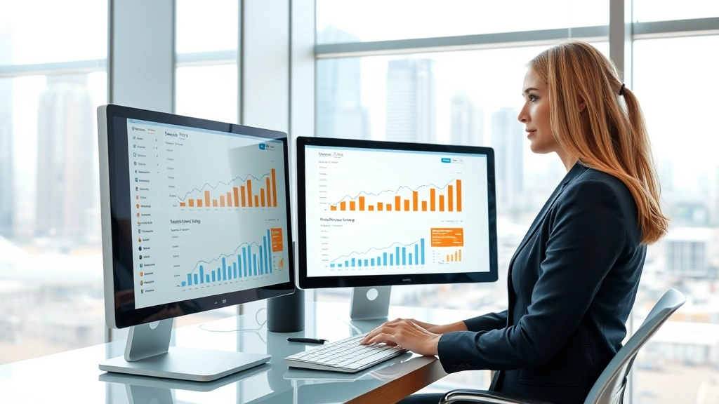 Professional female attorney in business suit reviewing website analytics on computer monitor in modern law office with glass windows and city skyline visible in background