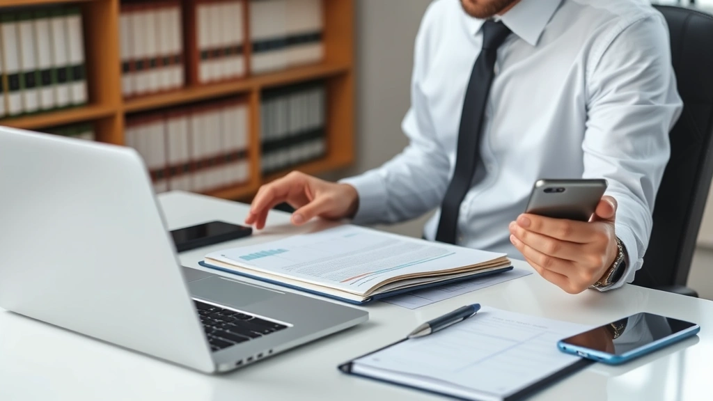 Male lawyer in dress shirt sitting at desk with laptop, smartphone, and notebook, analyzing search engine optimization metrics and digital marketing data