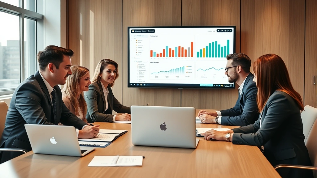 Diverse team of legal professionals in conference room collaborating on laptop, reviewing content strategy and SEO performance reports on large display screen