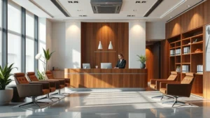 Professional law office reception area with modern minimalist design, wooden desk, leather chairs, contemporary lighting, and professional staff member at desk greeting client - photorealistic, high quality, professional atmosphere