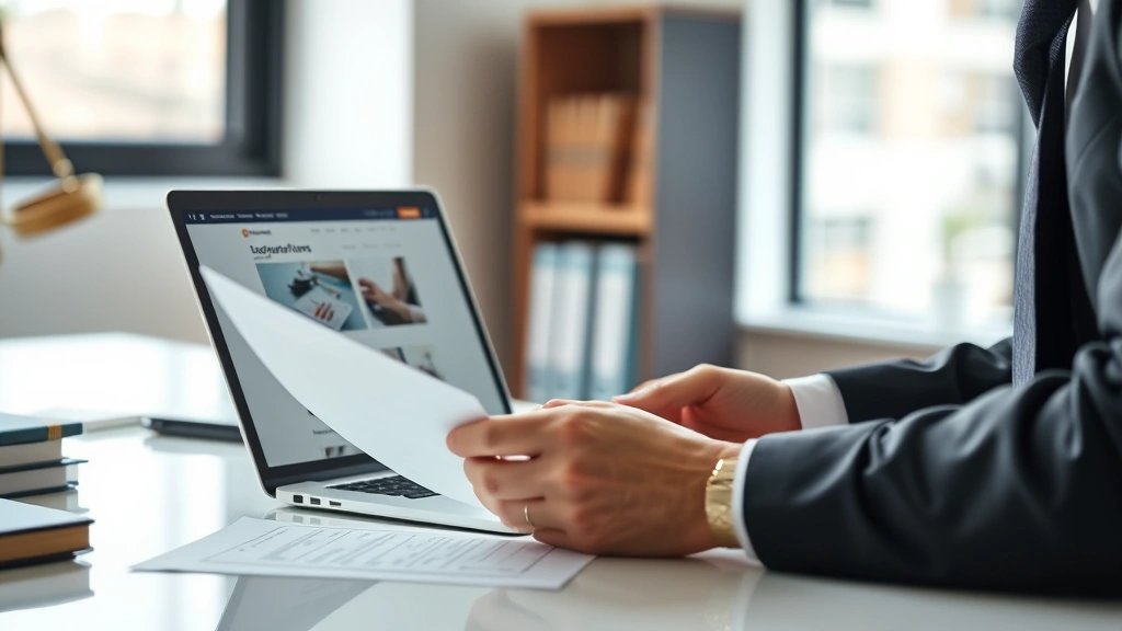 Close-up of attorney reviewing documents at clean desk with laptop showing professional website design on screen, natural lighting from window, formal business attire visible - photorealistic, professional legal environment