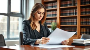 Professional female lawyer in business attire reviewing legal documents at wooden desk in modern law office, natural lighting from large windows, serious focused expression, professional setting with law books on shelves behind