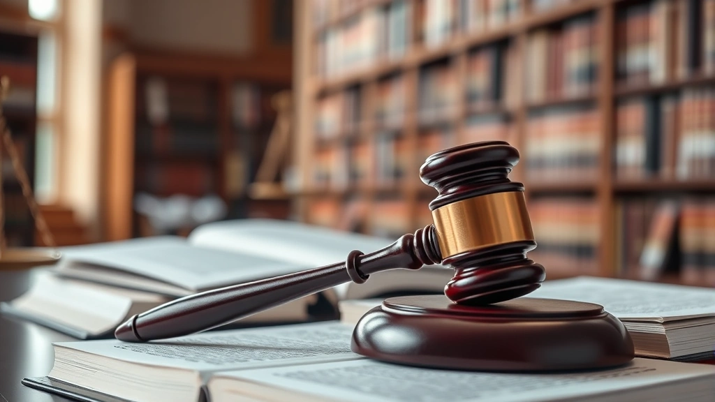 Gavel resting on law books in courthouse library, scales of justice visible in soft background, professional legal environment, natural lighting emphasizing justice and legal authority