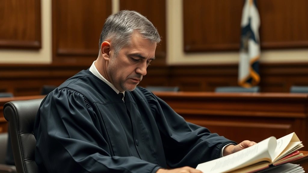 Male judge in black robes at bench in courtroom, looking down at case files, judicial setting with formal wood paneling, serious judicial expression, official courtroom atmosphere