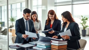 Professional legal team in modern office reviewing case files and legal documents on desk, natural lighting through windows, diverse lawyers collaborating