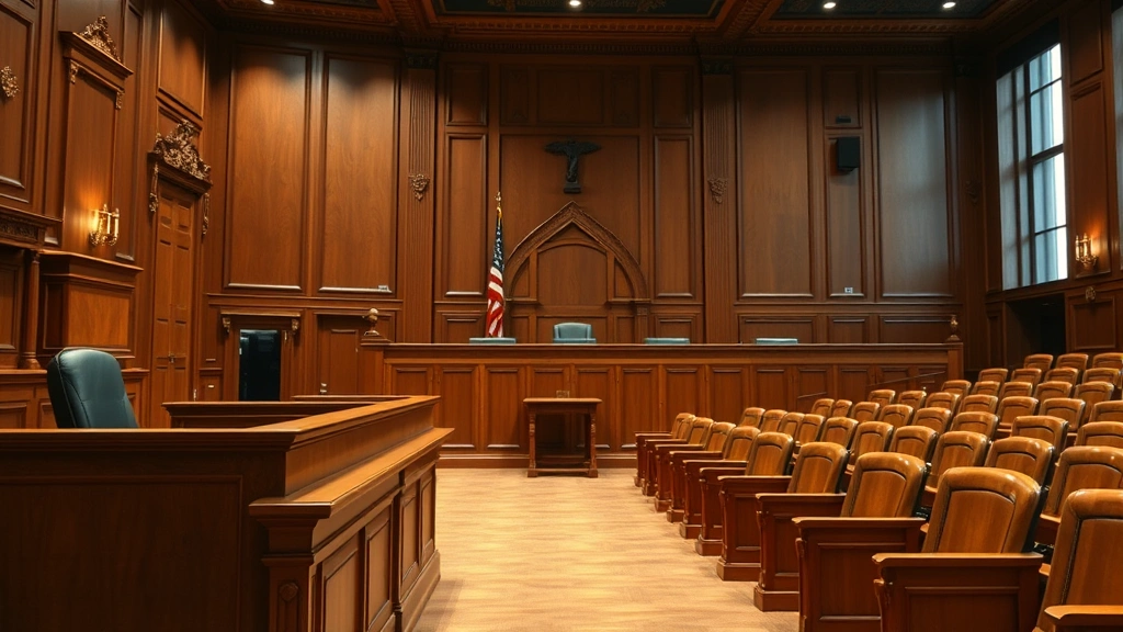 Courtroom interior with judge's bench, wooden details, formal legal setting with empty gallery seating, professional and authoritative atmosphere