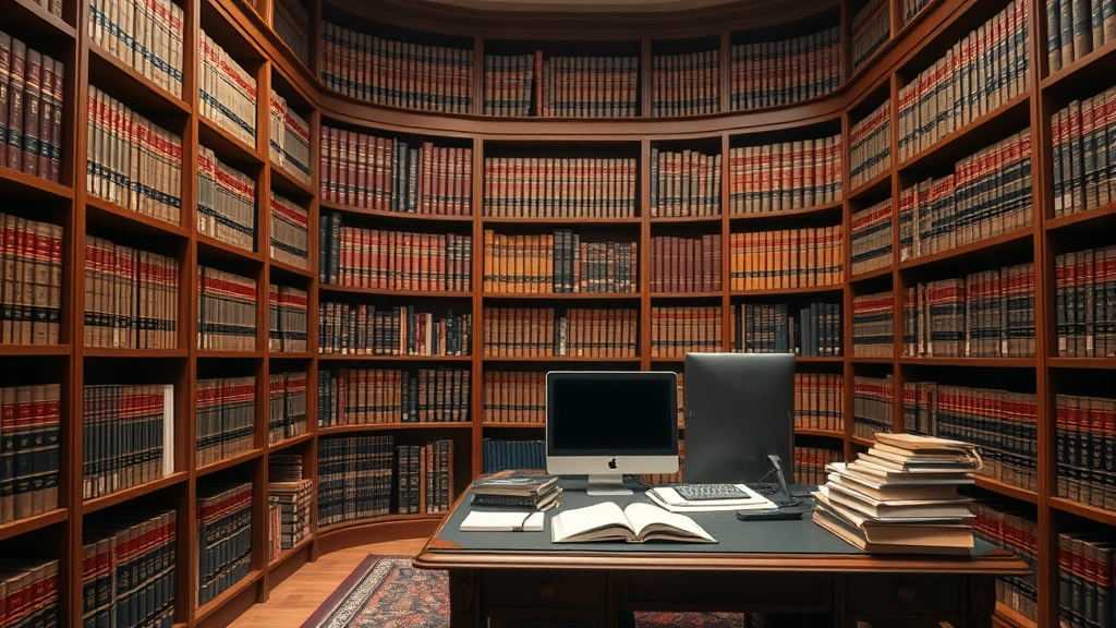 Law library with extensive bookshelves containing legal volumes, desk with computer and legal research materials, scholarly legal environment