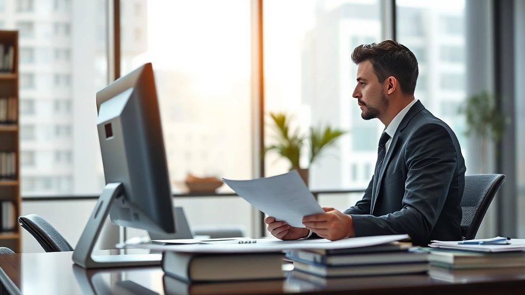Professional attorney in modern law office reviewing case documents on computer screen, focused expression, natural lighting through large windows, organized desk with legal materials, photorealistic