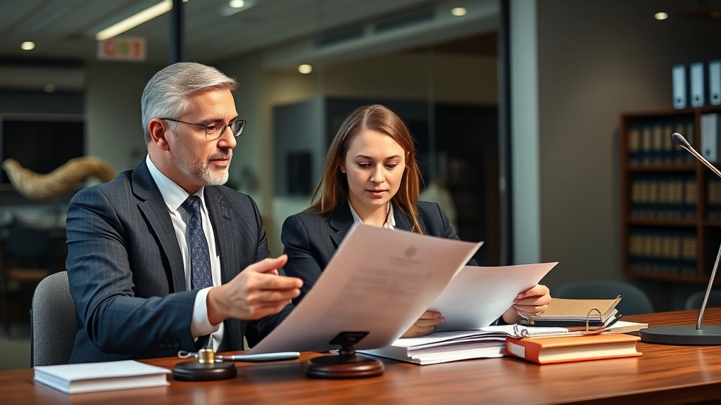 Senior partner attorney mentoring junior associate at desk, reviewing legal work product, knowledge transfer moment, professional development setting, modern law office background, photorealistic